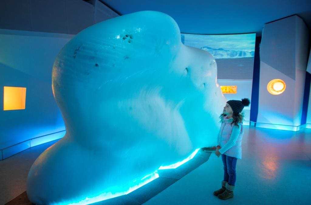 child with wooly hat on staring at giant iceberg at Dynamic Earth Edinburgh during autumn